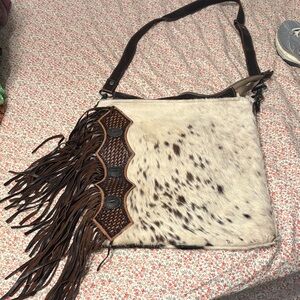 Myra cowhide tooled leather fringe western crossbody bag